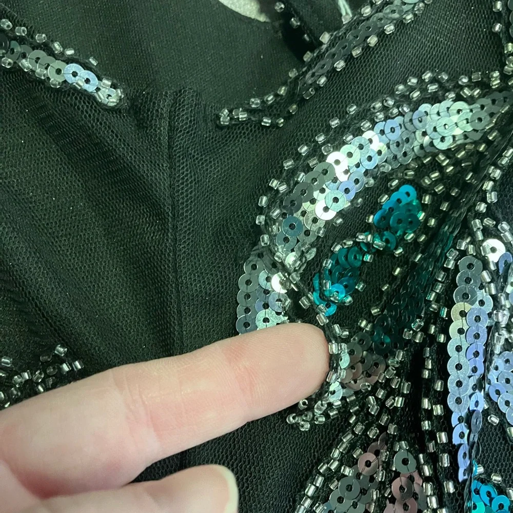 BabeYond black green and Silver peacock embroidered fringe flapper dress XL - Picture 11 of 15